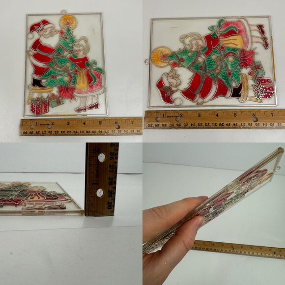 Vtg Retro Mr Mrs Santa Claus Christmas Plastic Faux Stained Glass Suncatcher - Picture 3 of 8